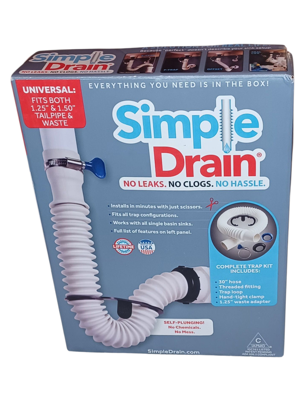NEW Simple Drain Universal Size Drain In Box 1.25 in. Rubber Threaded P-Trap
